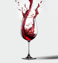 Close up red wine pouring splashing out of a glass on isolated white background.

