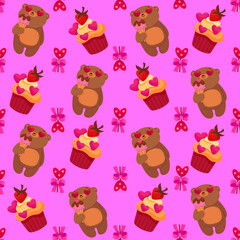 Vector romantic seamless pattern with hearts, cute bears and sweets on a pink background. Ideal for wrapping paper, decor, textiles.