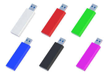 Set of colorful flash drives, usb memory sticks isolated on white background. 3d render