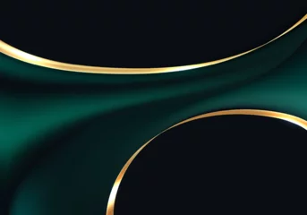 Poster Abstract 3D liquid or fluid green emerald metallic color with lighting effect with golden ribbon lines isolated on black background © phochi