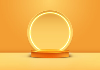3D realistic products display yellow podium stand pedestal with neon light circle backdrop on yellow studio room background