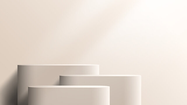 3D realistic products display beige podium stand pedestal on brown background with lighting