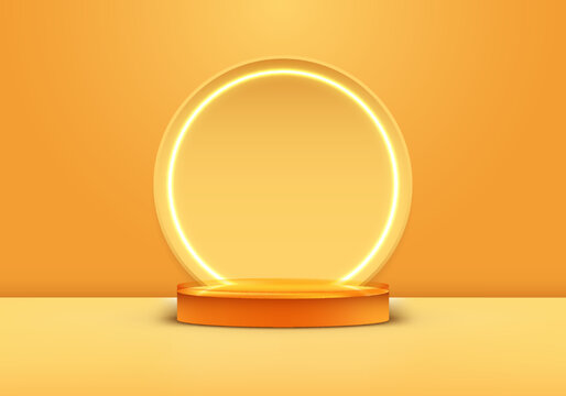 3D realistic products display yellow podium stand pedestal with neon light circle backdrop on yellow studio room background © phochi