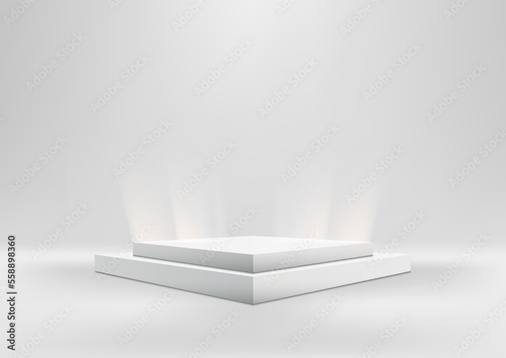 Wall mural 3D realistic empty white box podium or pedestal stand product display with lighting effect on clean background