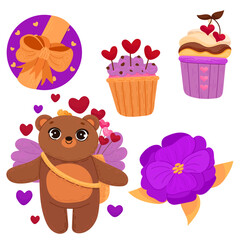 Fototapeta premium Vector set of elements for Valentine's day. Hearts, bear, sweets, flowers, garlands, balls, gifts and other cute items.