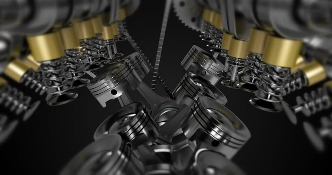 Beautiful V8 engine working and generating power. Camera zooming. Depth of field for cinematic view.
