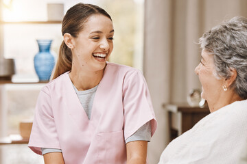 Nurse, woman and nursing home support, help and kindness for medical homecare service. Happy...