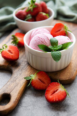 Homemade strawberry  ice cream with fresh strawberries
