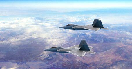 Fighter Jets Flying Together High Above The Clouds. Ready For Air Attack. War And Air Force Related 3D Illustration Render.