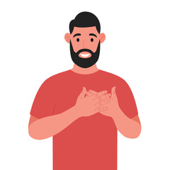 Bearded man expresses his positive feeling to people, keep hands on chest or heart. Vector illustration.