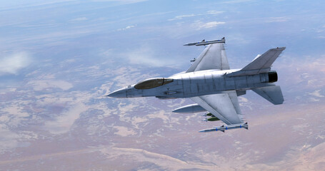 Military Fighter Jet Flying In The Sky. High Above The Clouds. War And Air Force Related 3D Illustration Render.