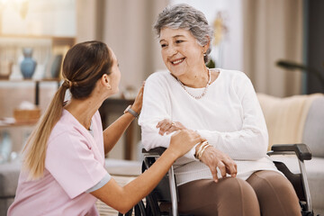 Wheelchair disability, rehabilitation and nurse volunteer at nursing home for charity work. Healthcare, support and caregiver with senior women for medical help, elderly care and consulting patient