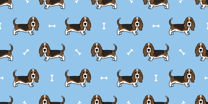 Cute basset hound dog cartoon seamless pattern, vector illustration