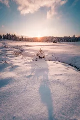 Foto op Aluminium Snowy landscape long exposure photo view romantic sunset at winter © VitBrabec