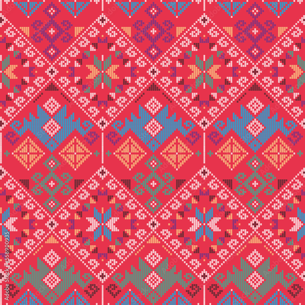 Poster yakan weaving inspired vector seamless pattern - filipino traditonal geometric textile or fabric pri