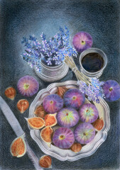 Watercolor illustration of a still life with a metal dish with ripe purple figs and brown chestnuts, a cup of coffee and a vase with lavender flowers