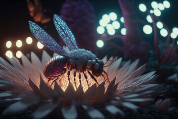 bee on a flower. Glowing flower. Generative AI