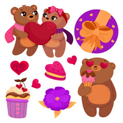 Vector set of elements for Valentine's day. Hearts, bears, sweets, flowers, garlands, balls, gifts and other cute items.