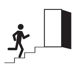 the emergency exit icon, a human figure pictogram, runs up the stairs to the emergency exit