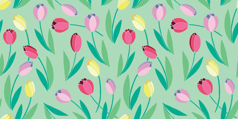 Fototapeta premium Vector bright seamless pattern with scattered red, pink, yellow tulip flowers. Spring holiday texture for wrapping paper, textile, greeting card, mother's, women's or Valentine's Day