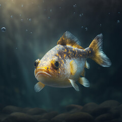 Highly Realistic render of a fish under water swimming in the river.  (AI Generated)