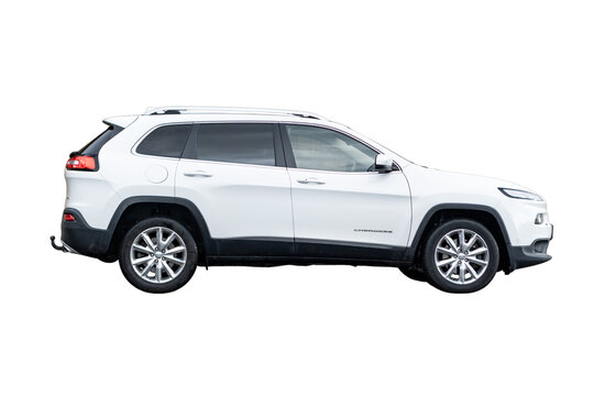 Cluj-Napoca, Cluj-Romania-05.01.2023 - Jep Cherokee in white metallic color, Limited trim edition, isolated, no background. Led daylights with chromed ornaments and privacy glass