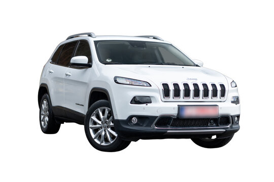 Cluj-Napoca, Cluj-Romania-05.01.2023 - Jep Cherokee in white metallic color, Limited trim edition, isolated, no background. Led daylights with chromed ornaments and privacy glass