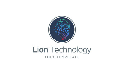 Vector circle vector gold lion head with futuristic digital wire frame data structure logo
