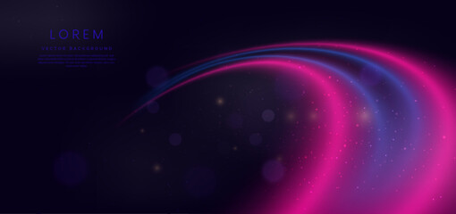 Abstract technology futuristic neon circle glowing blue and pink light lines with speed motion blur effect on dark blue background.