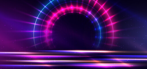 Abstract technology futuristic neon circle glowing blue and pink  light lines with speed motion blur effect on dark blue background.