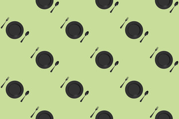 pattern. kitchen utensils on a pastel violet background. fork, spoon, plate. Template for surface application. Flat lay. Horizontal image. 3D image. 3D rendering.