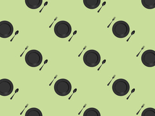 pattern. kitchen utensils on a pastel violet background. fork, spoon, plate. Template for surface application. Flat lay. Horizontal image. 3D image. 3D rendering.