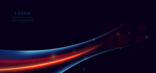 Abstract technology futuristic neon curved glowing red and blue light lines with speed motion blur effect on dark blue background.