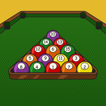 pool billiard snooker balls in triangle on billiard table pinup pop art retro vector illustration. Comic book style imitation.