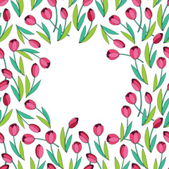 Vector frame of scattered red bright tulips. Spring flowers. Hand drawn border, decoration for greeting card, Valentine's, Women's or Mother day