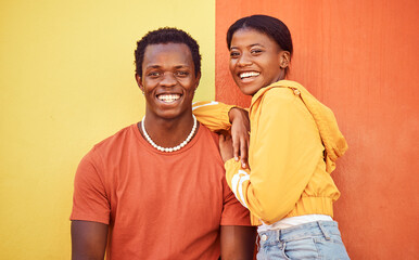 Black couple, youth and fashion with gen z, hug and together with color and portrait against wall...