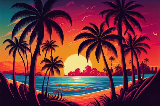 Colorful painting art of an abstract beach sunset landscape. Background illustration. generative AI.