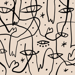 Linear face boho vector artistic abstract modern art, sacred human soul minimalist artisan hand drawn silhouette, mystical spell esoteric aesthetics bohemian hippie logo or label concept 