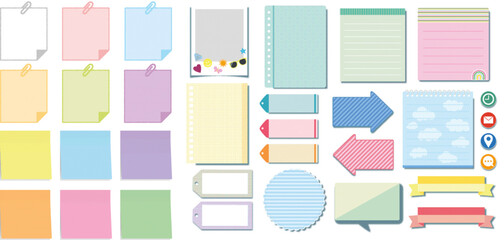 Fototapeta Note paper with pin, binder clip, push pin, adhesive tape and tack. Blank sheet, sticky note, torn piece of paper and notebook page. Templates for a note message. Vector illustration.
 obraz