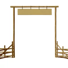 Fotobehang Old wooden farm gate with hanging signboard and fence isolated on white. Vector illustration © Raman Maisei