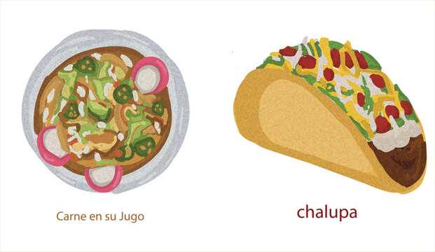 Carne en su jugo and chalupa Mexican foods vector. Best Mexican Dishes. Latin american food set illustration.