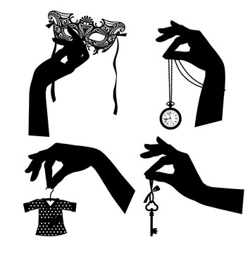 Set of black silhouettes of female hands with vintage accessories. Retro business icons. Vector illustration