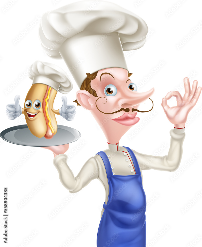 Poster cartoon chef holding hot dog