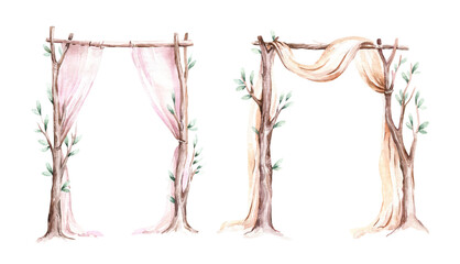 Watercolor wedding Vintage design template for invitation, card, poster. illustration, festive frame, decorative arch, window curtain, drapery, flower decorations