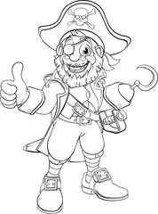 Pirate Captain Cartoon Black And White Outline