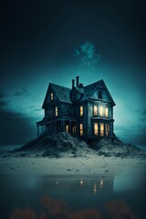Thriller house. An abandoned building in the beach. Generated AI image
