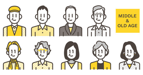 Male and female middle-aged and elderly avatar icon set [Vector illustration].