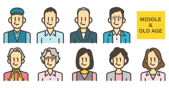 Japanese Male And Female Middle-aged And Elderly Avatar Icon Set [Vector Illustration