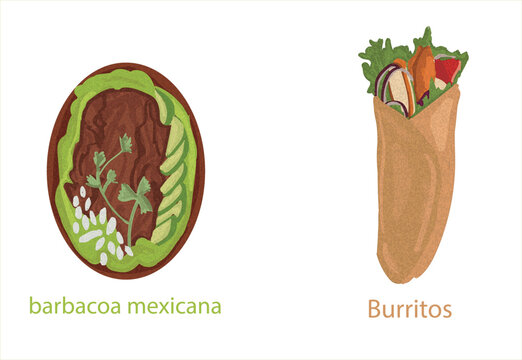 Barbacoa Mexicana and Buritos. Mexican foods vector. Best Mexican Dishes. Latin american food set illustration.