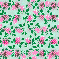 Seamless pattern with pink roses vector and leaves, background polka dots, all easy to change color. for Fabric print, wrapping paper, wallpaper